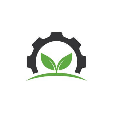 Vites yaprağı vektör logosu tasarımı. Ekoloji teması için soyut konsept, yeşil eko enerji, teknoloji ve sanayi.