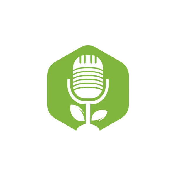 Podcastの葉自然生態ベクトルロゴデザイン ポッドキャストトークショーのロゴとマイクと葉 — ストックベクタ