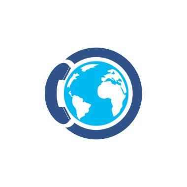 Cep telefonu vektör logosuna sahip dünya. Uluslararası çağrı simgesi logo şablonu tasarımı.