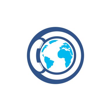 Cep telefonu vektör logosuna sahip dünya. Uluslararası çağrı simgesi logo şablonu tasarımı.