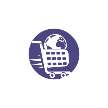 Küresel alışveriş arabası vektör logosu tasarımı. Çevrimiçi Dükkan logosu tasarım kavramı.