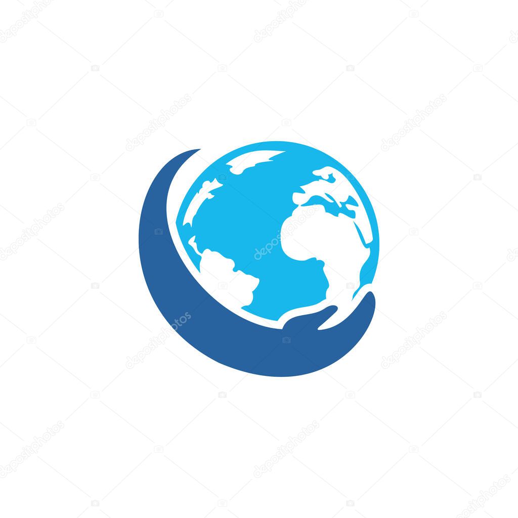 World hand logo. Save world logo design. Global care logo concept.