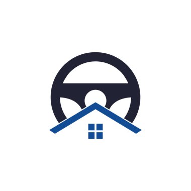 Ev sürücüsü vektör logo tasarım şablonu. Direksiyon ve ev sembolü veya simgesi.