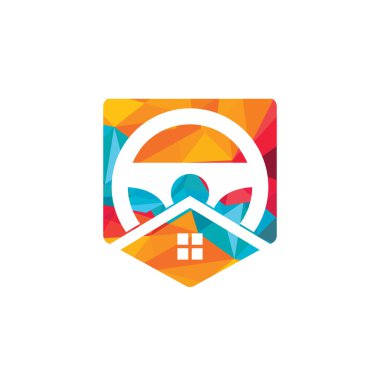 Ev sürücüsü vektör logo tasarım şablonu. Direksiyon ve ev sembolü veya simgesi.
