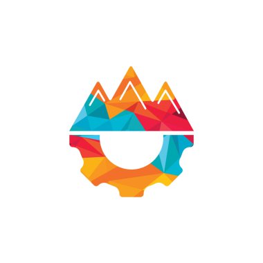 Mountain Gear vektör logosu tasarımı. Doğa ve mekanik sembol veya simge.