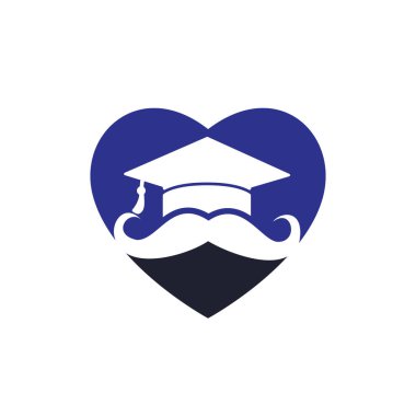 Güçlü eğitim logosu tasarım şablonu. Bıyıklı ve kalp ikonu tasarımlı şapka mezuniyeti.