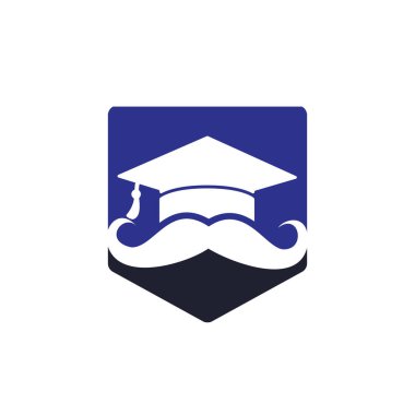 Güçlü eğitim logosu tasarım şablonu. Bıyık simgesi tasarımlı şapka mezuniyeti.