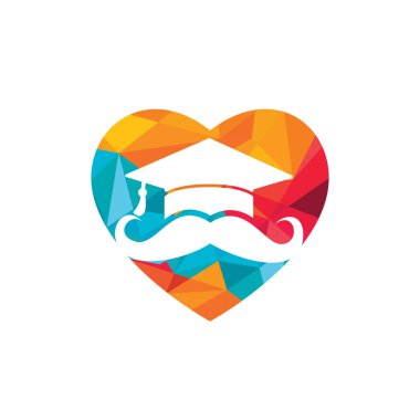 Güçlü eğitim logosu tasarım şablonu. Bıyıklı ve kalp ikonu tasarımlı şapka mezuniyeti.