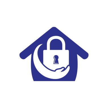 Güvenlik bakım vektör logosu tasarım şablonu. El logosunun vektör çizimi ve ev simgesi ile kilitle.