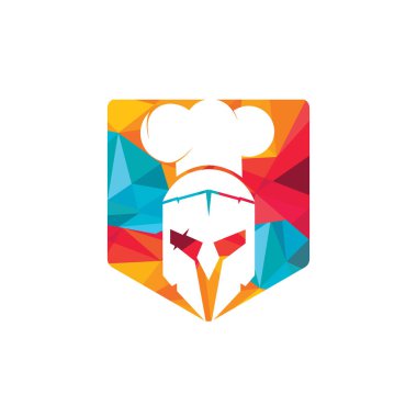 Spartalı şef vektör logosu tasarım şablonu. Şef şapka vektör illüstrasyonlu en az şef savaşçı logosu..