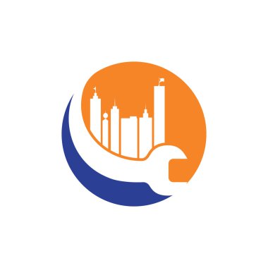 Ev onarım şirketi logosu şablonu. Anahtar ve inşa simgesi vektör tasarımı.