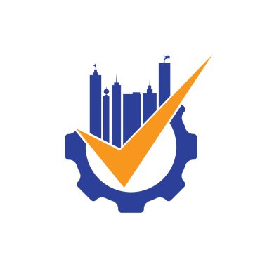 Bina bakım logosu tasarım şablonu. Gökdelen ile dişli ve simge logo illüstrasyon tasarımı kontrol.