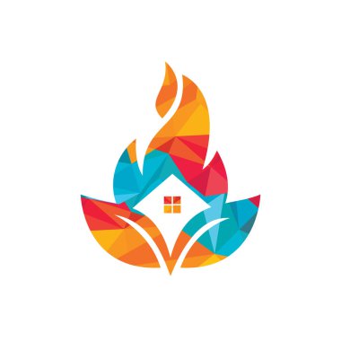 Afet taşıyıcı logo şablonundan ev restore edildi. Yaprak simgesi ile ev ateşi.