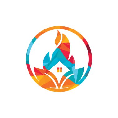 Afet taşıyıcı logo şablonundan ev restore edildi. Yaprak simgesi ile ev ateşi.