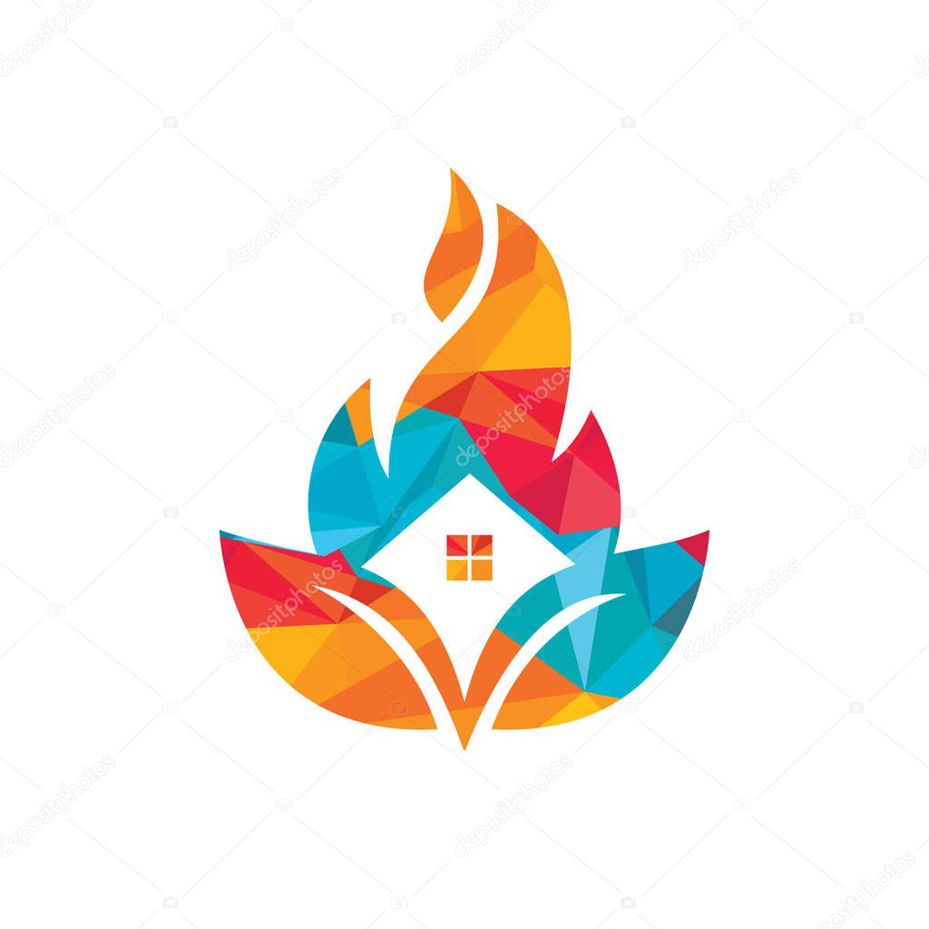House restore from disaster vector logo template. Home fire with leaf icon.