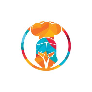 Spartalı şef vektör logosu tasarım şablonu. Şef şapka vektör illüstrasyonlu en az şef savaşçı logosu..