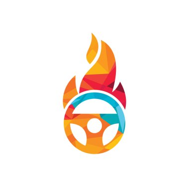 Ateşli sürücü logosu vektör tasarım şablonu. Araba direksiyonu yanan ateş logosu vektör çizimi tasarımı.