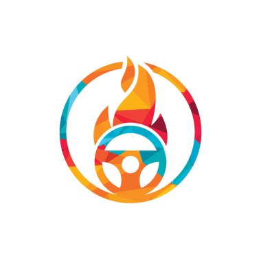 Ateşli sürücü logosu vektör tasarım şablonu. Araba direksiyonu yanan ateş logosu vektör çizimi tasarımı.