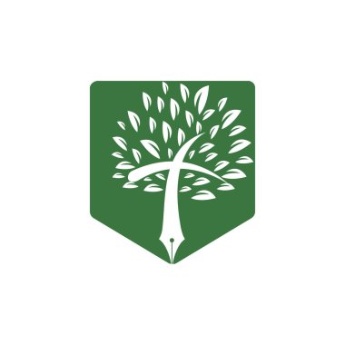 Ağaç kalem ve çapraz vektör logo tasarım şablonu. İncil öğrenme ve öğretme sınıfı.