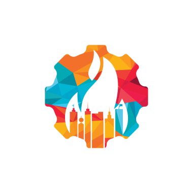 Ateş Şehri vektör logosu tasarım şablonu. Çarklı ikon dizaynlı binalar ve ateş.