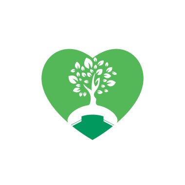 Doğanın vektör logosu tasarımı. Kalp simgesi dizayn şablonuna sahip el seti ağacı.
