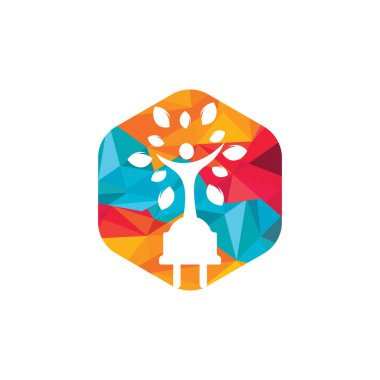 Elektrik kablosu ve insan ağaç vektör logosu tasarımı. Yeşil enerji elektrik logosu kavramı.