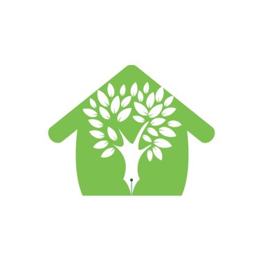 Ağaç kalem vektör logosu tasarım şablonu. Yazar aşkı ve doğa logosu kavramı.