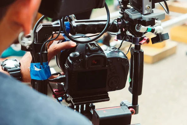 Detalhe Câmera Vídeo Produção Equipe Filmagem Nos Bastidores Fundo — Fotografia de Stock