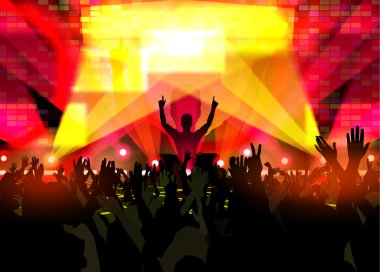 Müzik Festivali ile dans eden insanlar ve parlayan ışıklar. Yaratıcı 