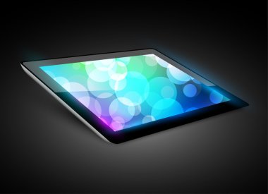Tablet PC ile koyu arka plan üzerinde renkli ekran.