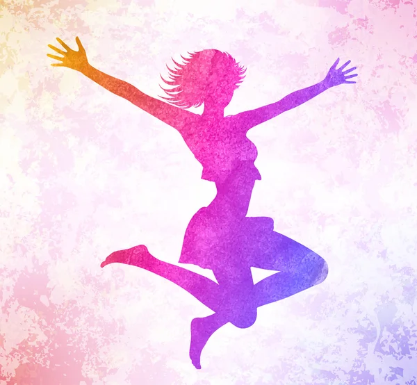 Watercolor attractive girl jumping hands up — Stock Vector