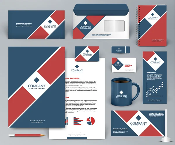 Professionele universele branding ontwerp kit met bureaucratie op blauwe achtergrond voor onroerend goed, café, restaurant. — Stockvector