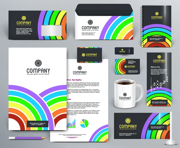 Kit de diseño de marca profesional con arco iris de color, círculos, líneas, sectores sobre fondo oscuro y blanco . — Vector de stock