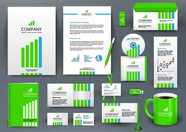 Kit profesional de diseño de marca universal con líneas verde y azul. Plantilla de identidad corporativa, maqueta de papelería empresarial . — Vector de stock