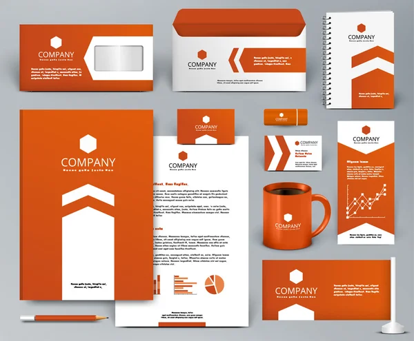 Professional orange universal branding design kit with arrow for real estate / investment. Шаблон фирменного стиля . Стоковая Иллюстрация
