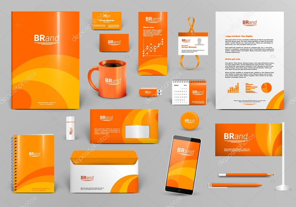 Orange luxury branding design kit. Identity template for hotel, shop, boutique or travel agency. Business stationery mock-up. Editable vector illustration: folder, envelope, cup, card, etc.