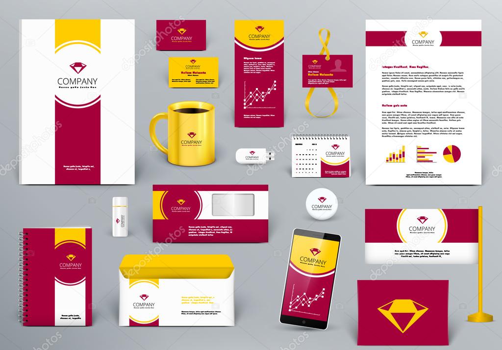 Professional  luxury branding design kit for jewelry hotel, real estate or travel agency firm. Gold/red/white style. Premium corporate identity template. Business stationery mock-up with logo.