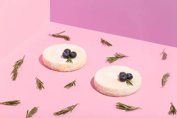 Bolo de queijo com chocolate, mirtilo, folhas de alecrim em rosa — Fotografia de Stock