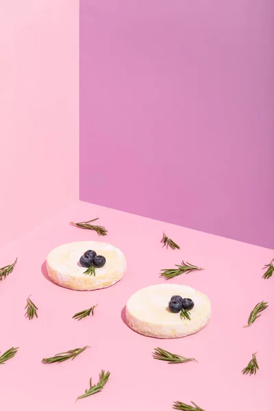 Tarta de queso con chocolate, arándanos, hojas de romero en rosa — Foto de Stock