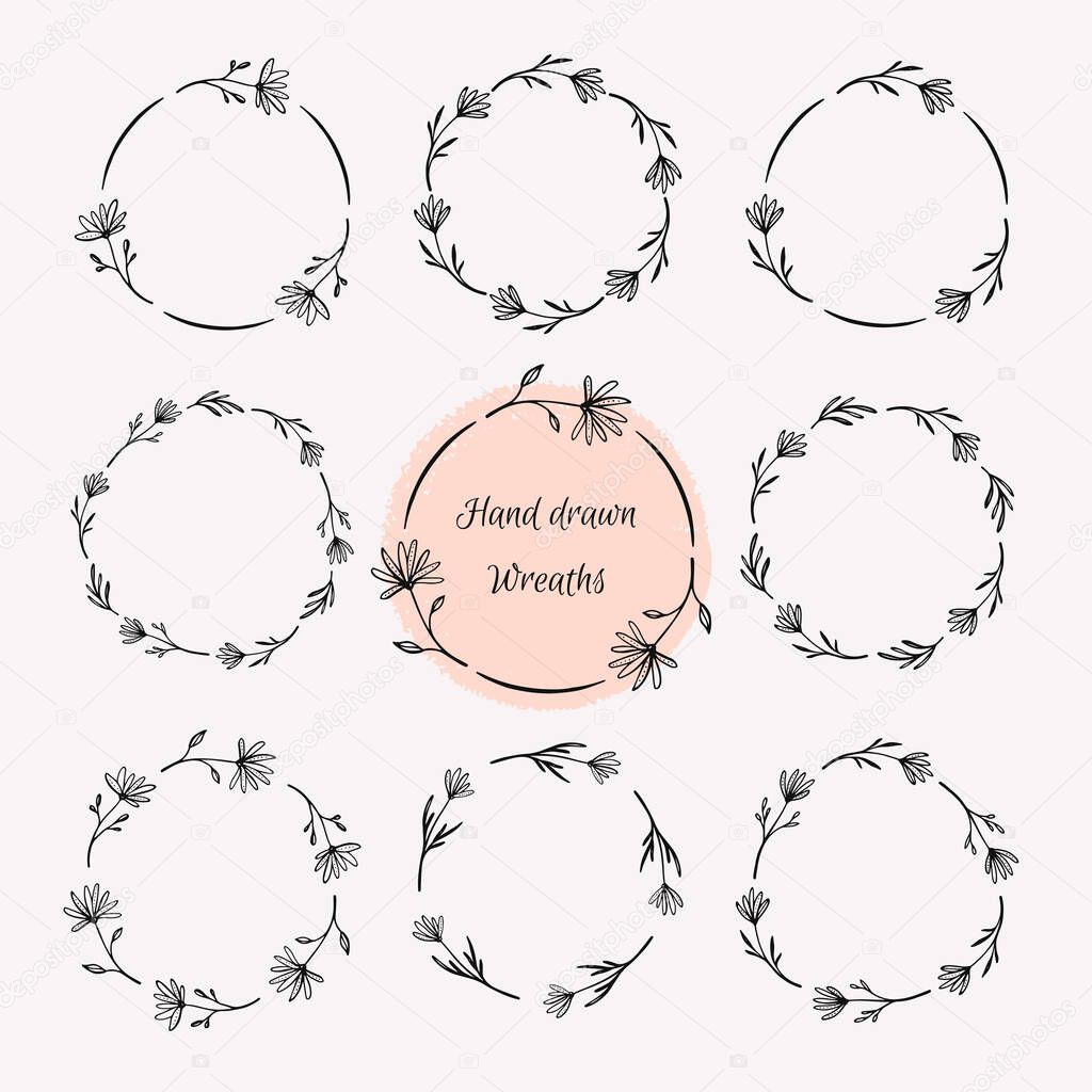 Hand drawn vector wreath set. Floral round frames for cards, invitations.