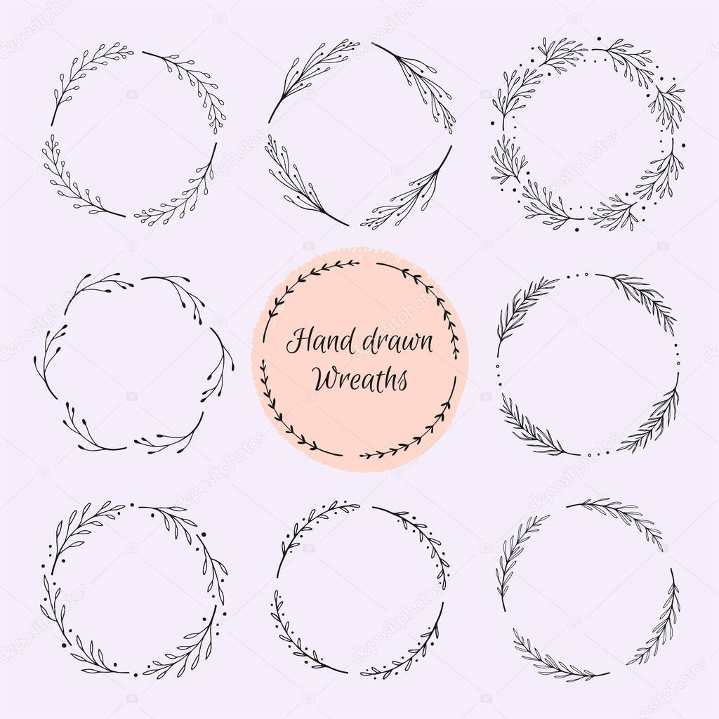 Hand drawn wreath set. Floral round frames, vector design elements for cards, invitations.