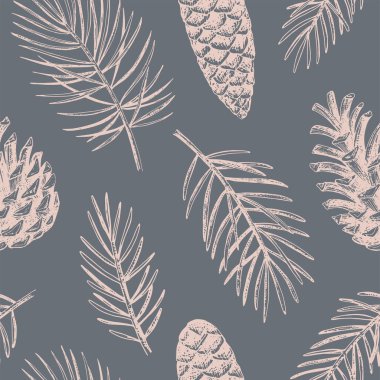 Elle çizilmiş Noel pürüzsüz desen. Kozalaklı ağaç dalları ve konileri olan vektör arkaplanı