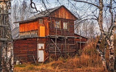 Ormandaki Kamçatka 'da terk edilmiş eski bir ahşap ev..