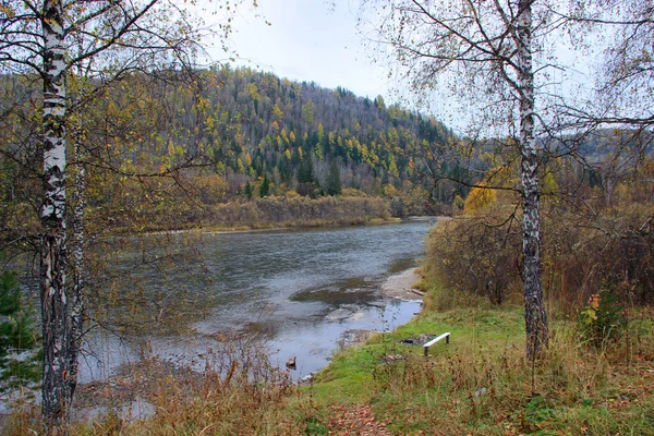 Podzimní Krajina Kde Rychlá Horská Řeka Teče Mezi Zalesněnými Kopci — Stock fotografie