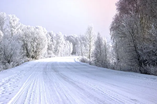 Winter Landscape Silver Tones Wide Snow Covered Road Turns Right — Stock Photo, Image