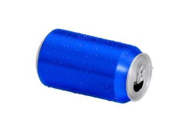 Beyaz zemin üzerinde su damlaları olan mavi alüminyum soda kutusunu aç