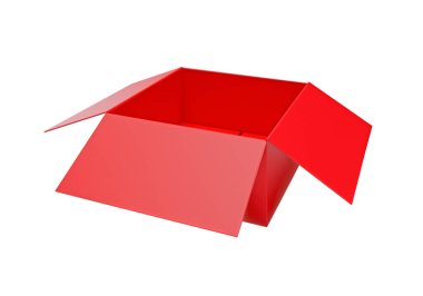 Beyaz arkaplanda izole edilmiş kırmızı karton kutuyu aç