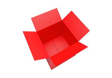 Beyaz arkaplanda izole edilmiş kırmızı karton kutuyu aç