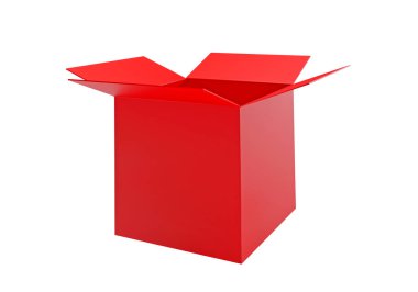 Beyaz arkaplanda izole edilmiş kırmızı karton kutuyu aç