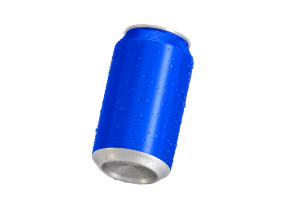 Su damlalı mavi alüminyum soda kutusu, şeffaf arkaplan